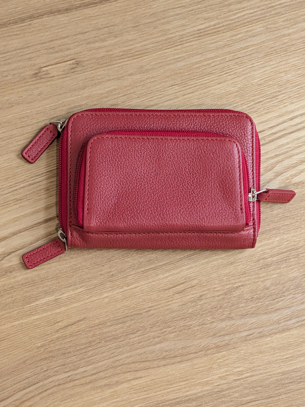 Levenger Red Pebbled Leather Zip Wallet with Front Pocket